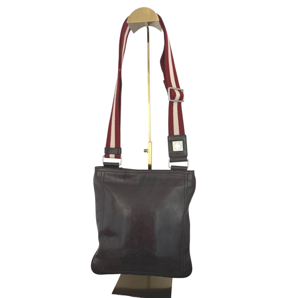 Bally Vintage Swiss Made Brown Leather Crossbody Messenger Bag Red Stripe